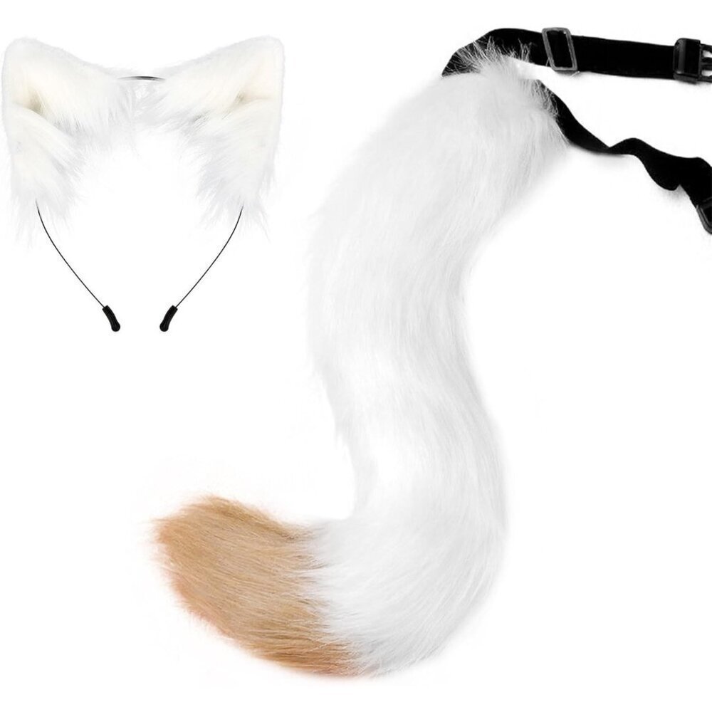 🆕 Halloween White Faux Fur Cat Fox Ears Headband Wolf Tail Party Costume Adult